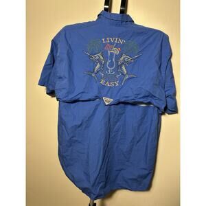 Columbia PFG Bonehead Shirt Mens L Blue Short Sleeve Fishing Livin Easy Graphic